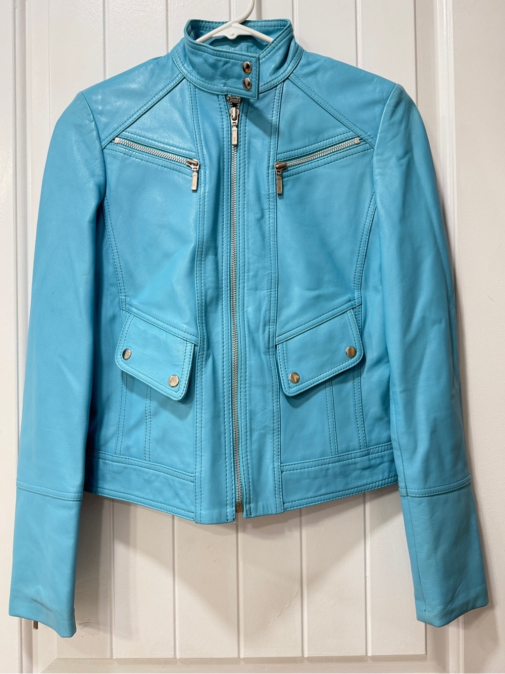Cache Women's Turquoise Blue Faux Leather Moto Jacket